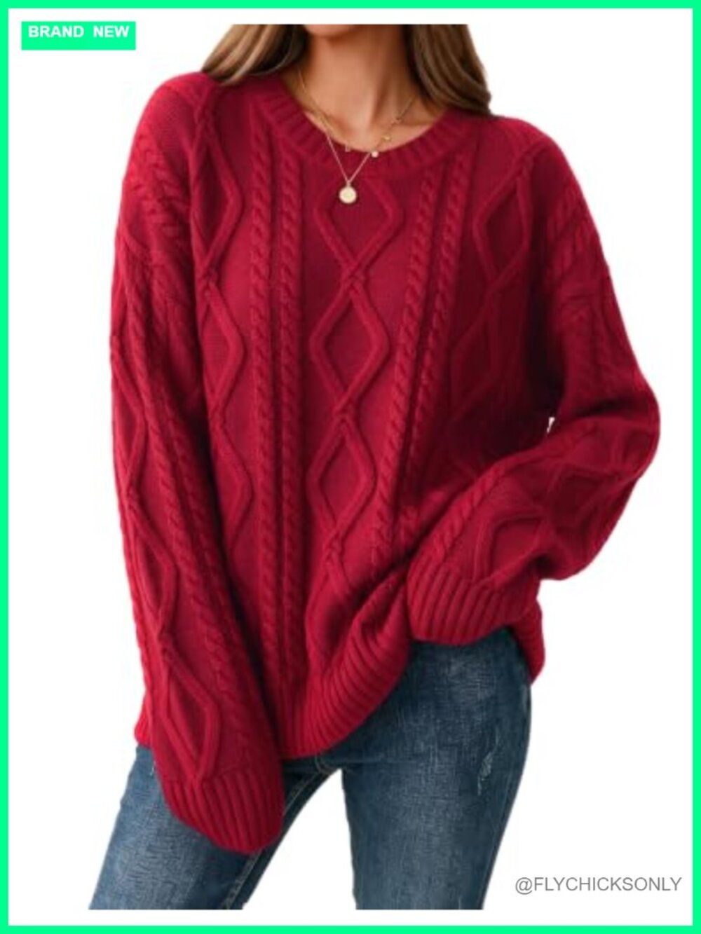 Cable Knit Crewneck Long Sleeve Pullover Sweater Loose Fit